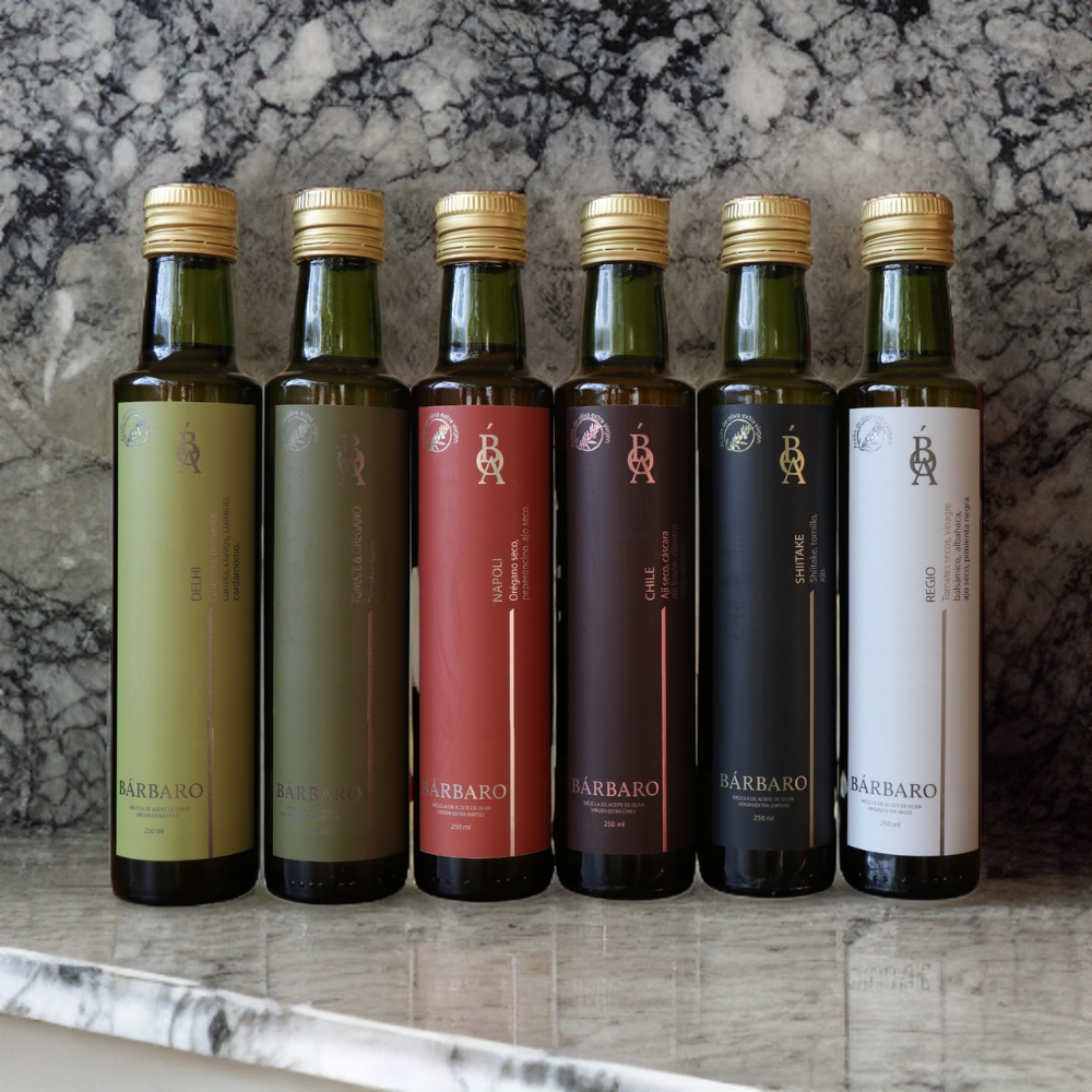 Kit con las 6 variedades de aceite Bárbaro en botella de 250ml (Incluye Shiitake)