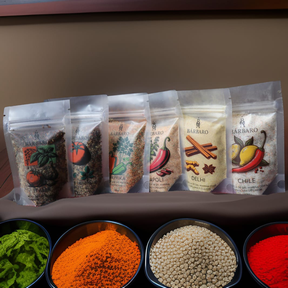 Kit sal marina saborizada, 6 variedades 2x90g, 1 x110g y 3x130g.