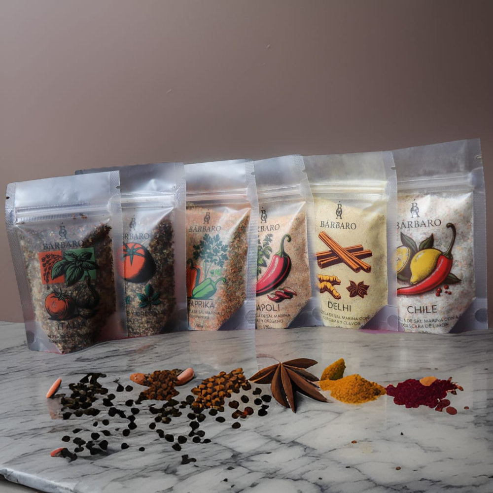 Kit sal marina saborizada, 6 variedades 2x90g, 1 x110g y 3x130g.